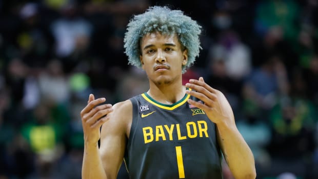 Baylor Bears forward Jeremy Sochan (1) reacts during the first half against the Oregon Ducks at Matthew Knight Arena.